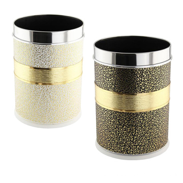Fashion Leather Covered Stainless Steel Rim Round Dust Bin